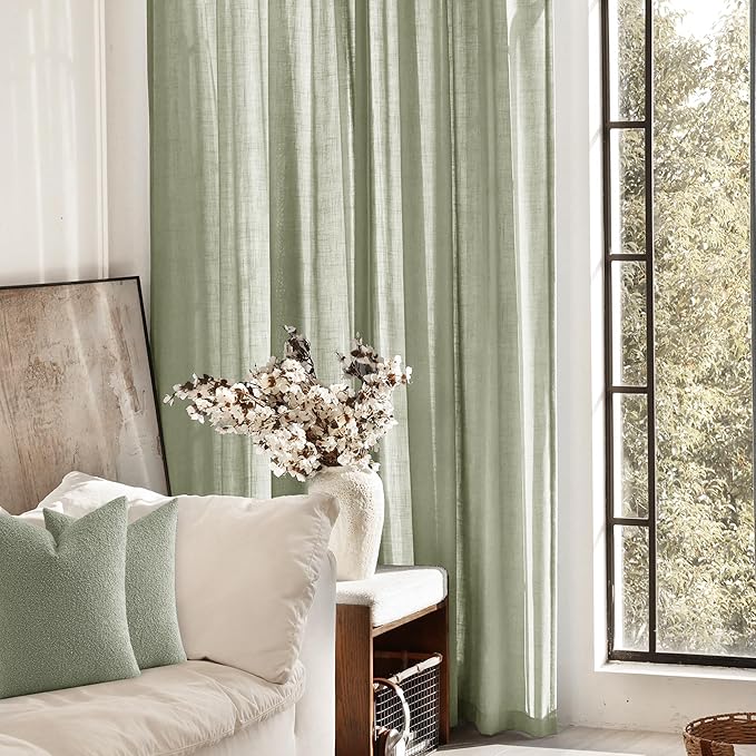 Linen Blend Sage Green Curtains 84 inch Length 2 Panels for Bedroom Back Tab Light Filtering Semi Sheer Drapes Linen Cotton Textured Light Green Airy Modern Farmhouse Living Room Sage Aesthetic Decor