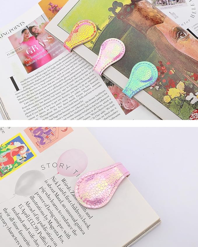 3Pcs Magnetic Bookmarks, Sequins Leather, Double-Sided Magnetic, Pink+Orange+Blue