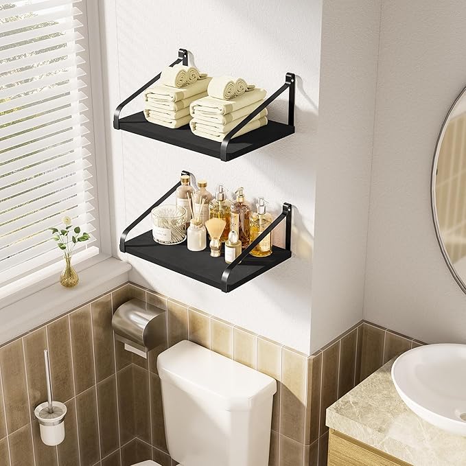 Love-KANKEI Floating Shelves Wall Mount Rustic Wood Wall Shelves with Large Storage L16.5 x W12 inch for Kitchen Living Room Bathroom Bedroom Set of 2 Black