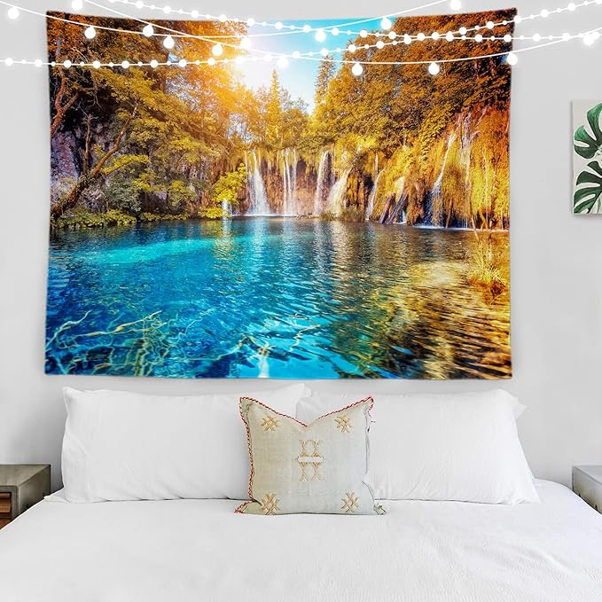 BaoNews Turquoise Natural Waterfall Tapestry,Plitvice Lakes Large Wall Hanging Polyester Tablecloths Tapestry Bedroom Room Living Room Dorm 59.1 x 82.7 Inches