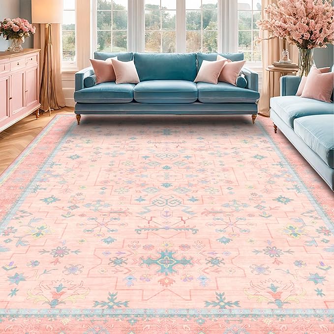 Washable Pink and Blue 6x9 Oushak Rugs for Bedroom Girls, Living Room Kids Playroom Nursery Room, Modern Floral Distressed Design, Soft Faux Wool Low Pile Non Slip Stain Resistance Carpet