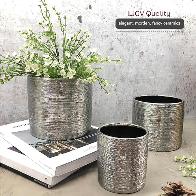 WGVI Silver Etched Ceramic Cylinder Vase Width 5.5" Height 5", Flower Arrangement, Candle Holder, Terrarium Planter Pot, Storage Container Organizer, Pen Brush Holder, Scratched Texture Design, 12 Pc