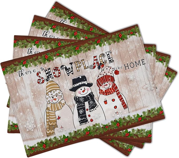 Winter Snowman Placemats Set of 4, Snowflake Pine Cone Place Table Mats Farmhouse Heat Resistant Place Mats 12x18 Inch for Christmas Holiday Decorative Party Dining Table
