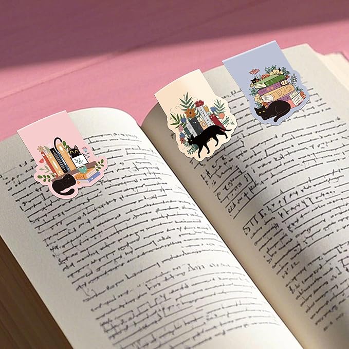 Black Cat Magnetic Bookmarks: 12 Pcs Cute Cat Magnet Book Page Markers, Pretty Flower Animal Book Mark Clips for Reading, Gifts for Kids Women Students Book Lovers Office School Supplies