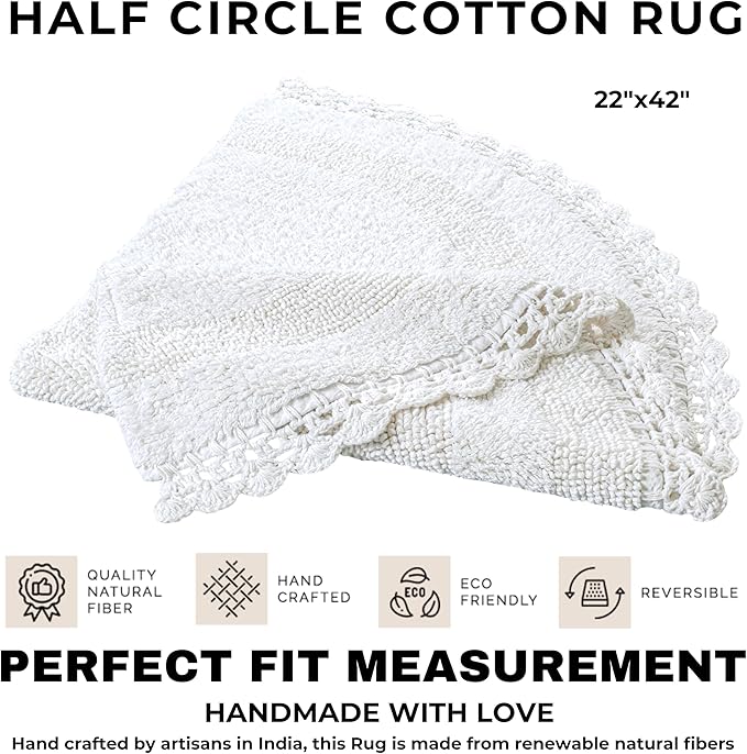 Half Circle Bohemian Bathroom Rug with Handwoven Chrochet Border, Beautifully Handcrafted 100% Cotton Mat - 22x42 inch, Round Boho Bedroom Rug, Boho Bathroom Décor, Machine Washable - White