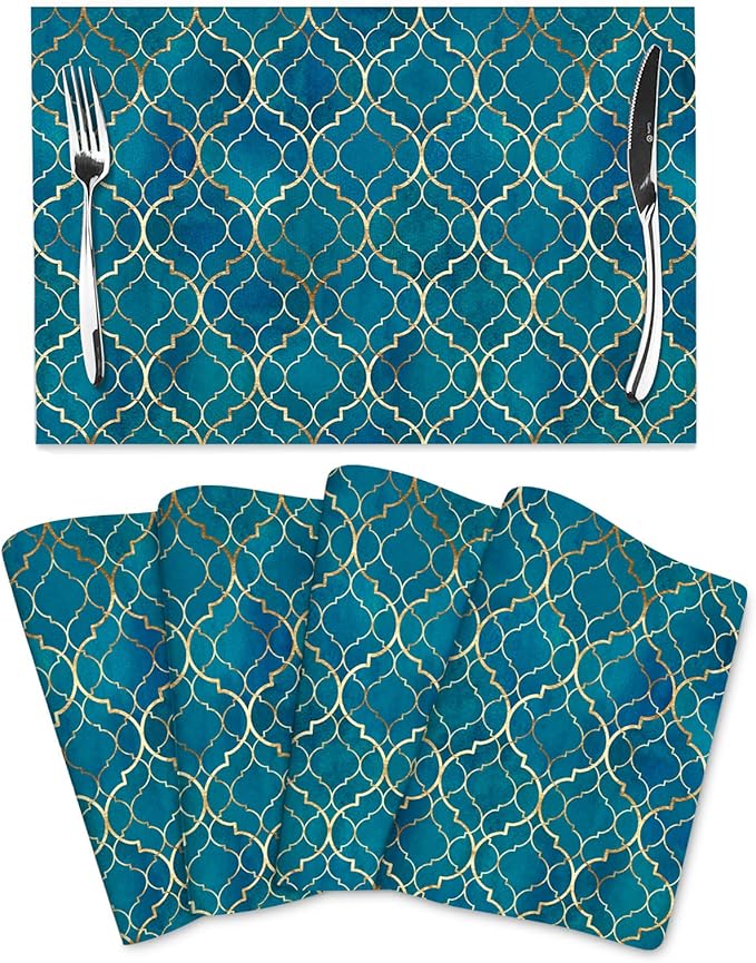 Blue Teal and Gold Modern Placemats Set of 4, Retro Table Mats Washable Heat Resistant Non-Slip for Kitchen Dinner Holiday Party Farmhouse Home Decor, Linen 12"x18"