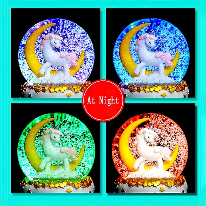 Moon Unicorn Snow Globe Automatic Rotating Snow Flakes with Coloful Light Music Christmas Birthday Presents Gifts for Kids Girls Baby Sister Daughter Granddaughter Women Mom Grandma