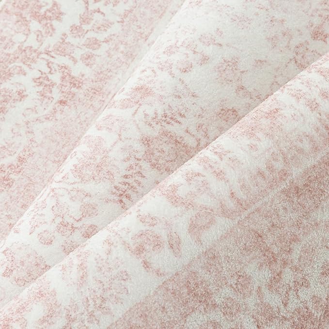 Pink Area Rug 8x10 Machine Washable Large Vintage Living Room Distressed Non Slip Carpet Traditional Indoor Bedroom Retro Floral Accent Throw Rug for Office Kitchen Dining Room
