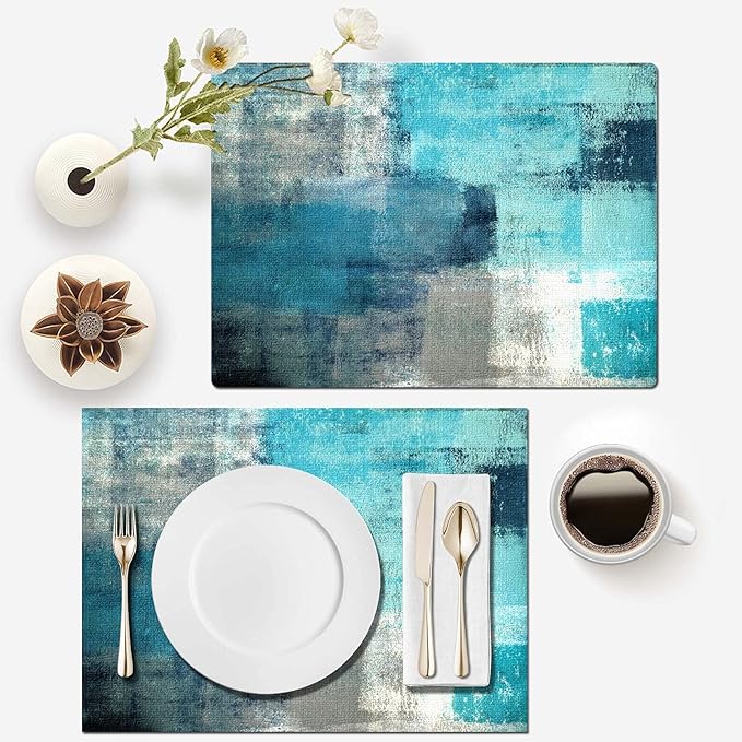 Mcalk Farmhouse Turquoise Table Runner and Placemats Set of 6 Pieces,Teal Turquoise Placemats Modern Art,Blue Grey Abstract Art Cloth Place Mats for Kitchen,Linen Material for Dining Table