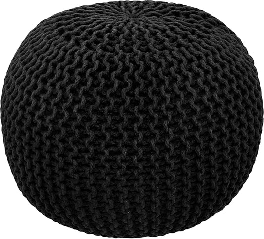 COTTON CRAFT Round Pouf - Hand Knitted Cotton Braid Cord Cable Dori Ottoman - Foot Stool - Floor Pouf Footrest Accent Seat Furniture Bean Bag - Living Room Kids Room Nursery Dorm Décor - 20x14 - Black