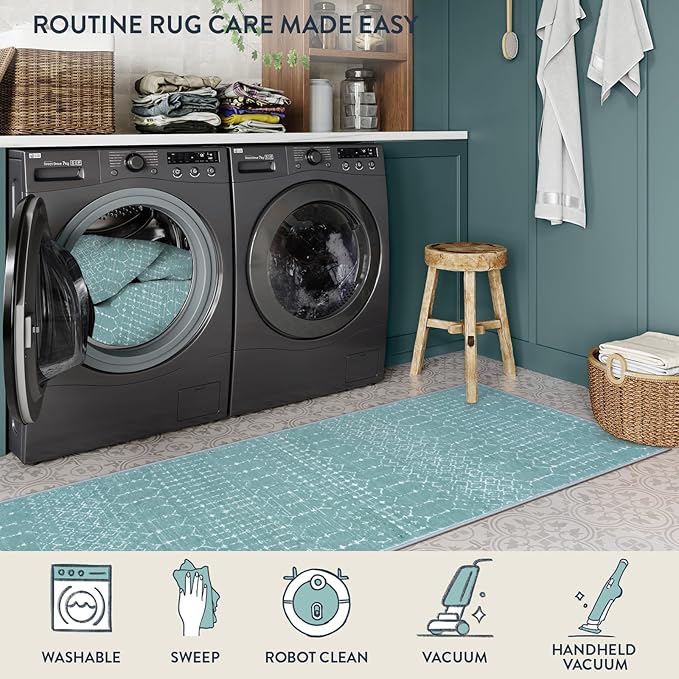 Lahome Moroccan Washable Runner Rug 2x8 - Green Non-Slip Rug Runner Stain Resisitant Kitchen Carpet, Geometric Print Distressed Soft Untra-Thin Floor Carpet for Bedroom Entryway
