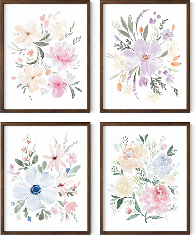 HAUS AND HUES Flower Wall Decor - Set of 4 Floral Wall Art, Floral Wall Decor, Flower Wall Art, Framed Flower Painting, Floral Pictures Wall Decor, Flower Pictures (Framed Walnut, 11x14)
