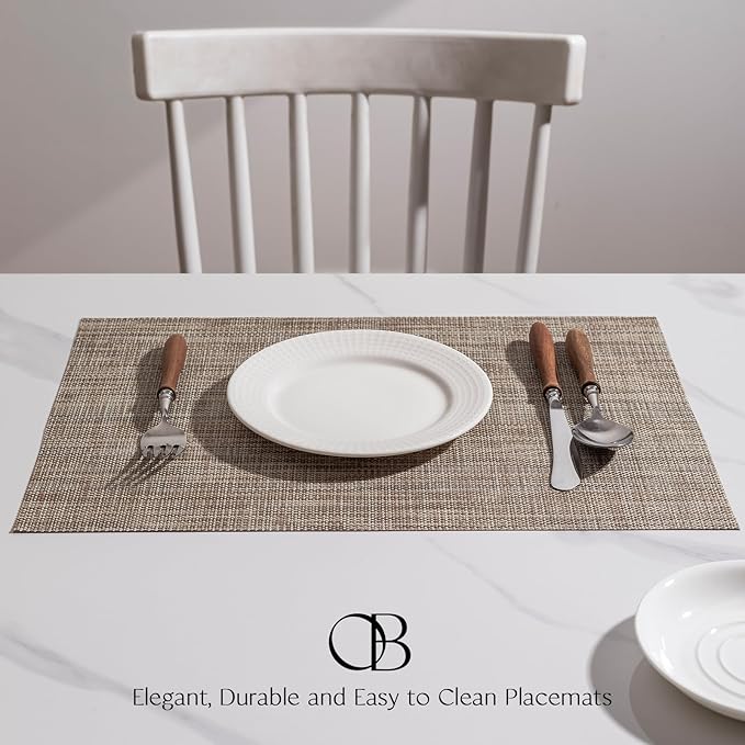 Placemats Set of 6 - Easy Clean Woven Vinyl Placemats for Dining Table, Indoor/Outdoor Place Mats, Washable PVC Table Mats(Caramel)