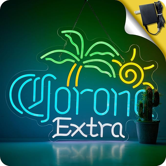 Large Size Beer Neon Sign for Wall Decor Coron Palm Tree Light Up Signs for Man Cave Bar Pub Store Party Club Big Beer LED Lights for Wall Decor Gifts (24 in, 12 v)