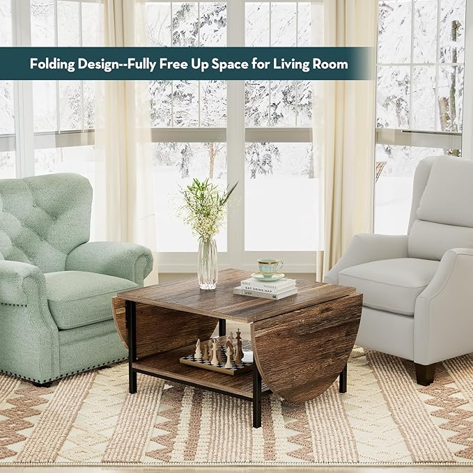 SAYGOER Coffee Table 2-Tier Small Folding Coffee Tables with Storage for Living Room Mid Century Center Table Vintage Extended Table with Two Foldable Panel for Large or Small Space, Rustic Brown