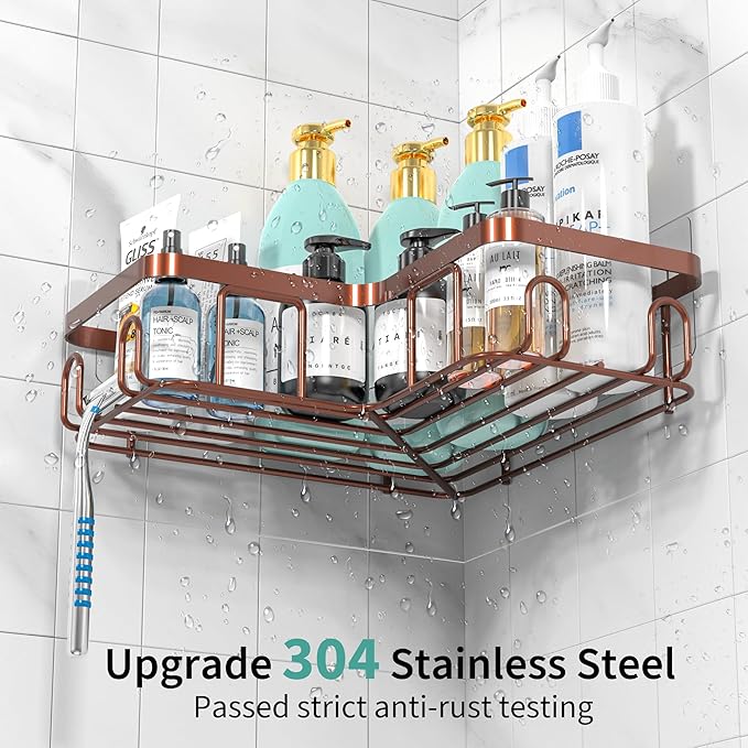 Moforoco Adhesive Corner Shower Caddy, 3 Pack Organizer with Soap Holder and 12 Hooks, Rustproof Shower Shelves for Bathroom, Brown