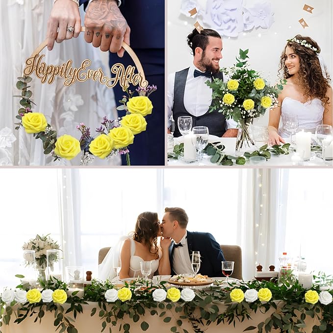 100PCS Yellow Artificial Flowers Roses Real Looking Foam Fake Roses with Leaves and for DIY Wedding Bouquets Bridal Shower Centerpieces Party Decorations (Yellow, 100)