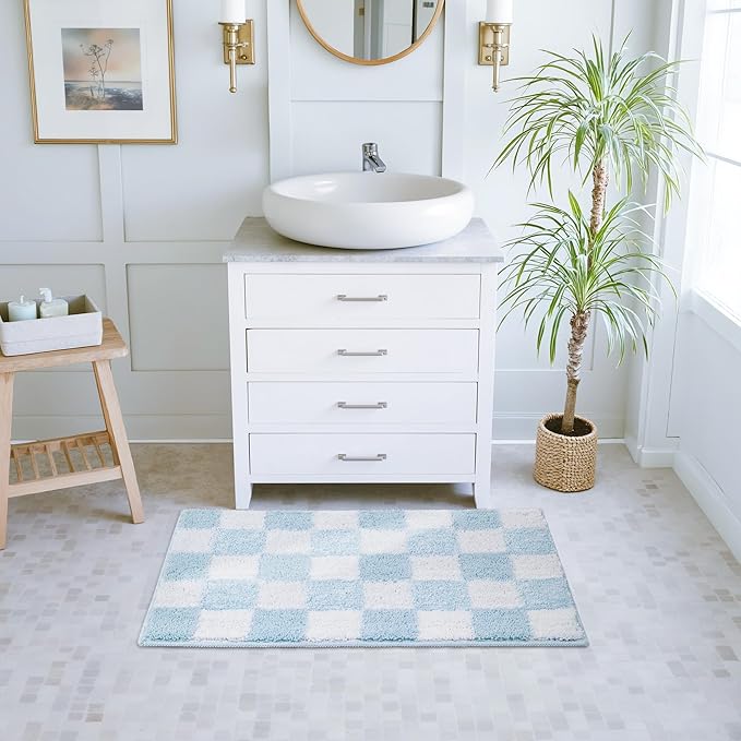 GRANNY SAYS Checkered Blue Bathroom Rugs, 32" x 20", Non-Slip Bath Mats for Bathroom, Plush Shag Absorbent Microfiber Ultra Soft Bath Mat, Cute Washable Rug for Tub, Shower, Bedroom
