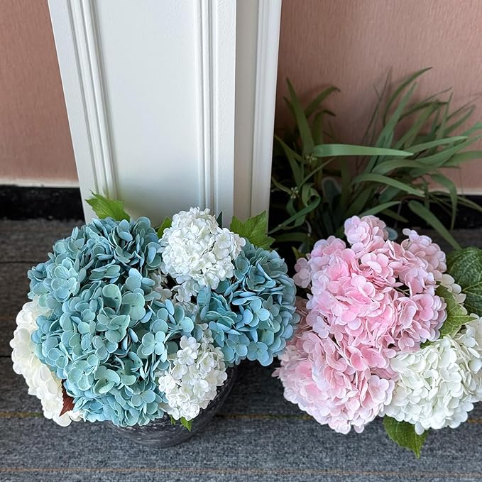 RUZUQE 4 Pcs Hydrangea Artificial Flower 2 White + 2 Pink 21'' Long Stem Lifelike Real Touch YalzoneMet Hydrangea Latex for Home Kitchen Decoration Bridal Bouquet Wedding Outdoor Decor