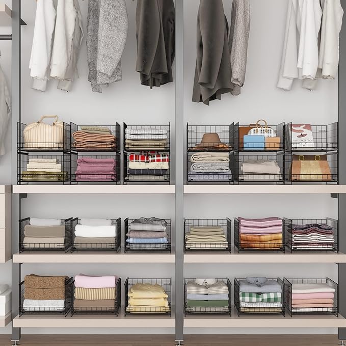 4-tier Sliding Closet Organizers and Drawer Storage Shelves, Stackable Bins for Jean Pants Sweaters, Metal Drawer Slid Clothes Storage Container, Closet Organizers for Clothes-Black