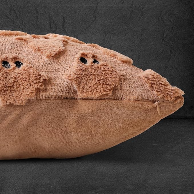 4TH Emotion Halloween Ghost Decorative Pillow Covers 20x20 Set of 2, Light Brown Soft Plush Faux Fur Farmhouse Throw Cushion Cases for Fall Autumn Holiday Home Decorations
