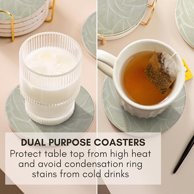 Ceramic Absorbent Coasters Set of 6 with Holder, Marble Drink Coasters for Coffee Table, Water Absorbing Coaster (Leaf)