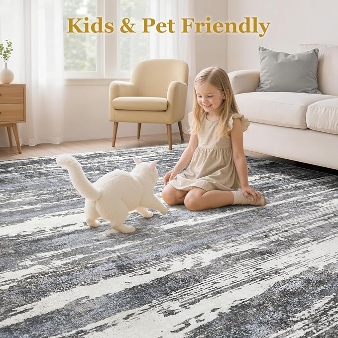 Area Rugs for Living Room: 8x10 Abstract Washable Rug Modern Neutral Large Soft Stain Resistant Non-Slip Backing Machine Table for Bedroom Dining Room Indoor Home Office Carpet - Black/Blue