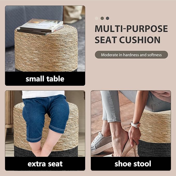 Cplxroc Pouf Ottoman, 100% Handwoven Seagrass Braided Pouffe, Boho Decor Floor Chair for Couch or Desk, Outdoor Ottomans for Garden, Round Footrest with Wood Frame, Home Decorative Seat for Balcony
