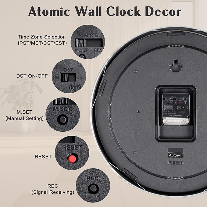 Atomic Analog Wall Clock 14 Inch Battery Operated Wall Clocks Radio Controlled Clock Sets Automatically Gold Large Wall Clock Decor Kitchen Living Room Bedroom