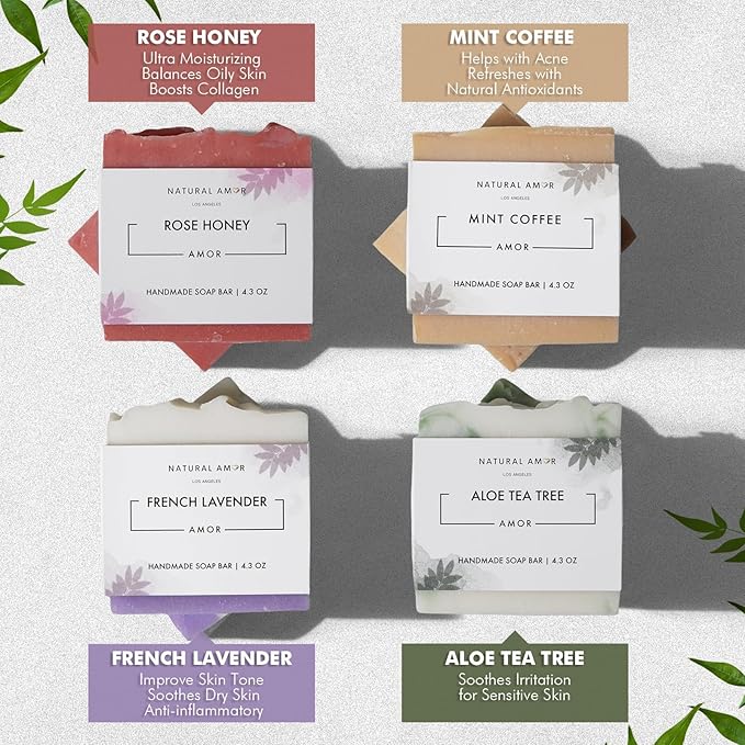 Natural Amor Organic Handmade Soap Bar Set (4 Pack), Made with Natural Ingredients, Cold Process Soap, Soap Gift Set for Women