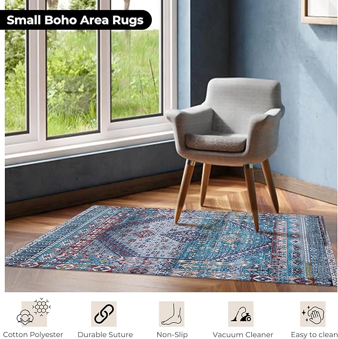 Washable Soft Small Boho Area Rugs, Rags Rug, Printed Carpet Chennile Rugs for Living Room 27x45 inch Teal Blue Multi,Machine Washable Printed Rugs - 30% Cotton, 70% Polyester