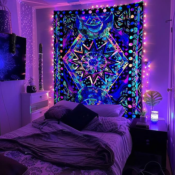Blacklight Sun and Moon Tapestry Glow in The Dark Neon Hippie Bohemian Tapestries for Bedroom Aesthetic UV Reactive Purple Celestial Tie Dye Tapestry Wall Hanging for Living Room Dorm (40'' × 30'')