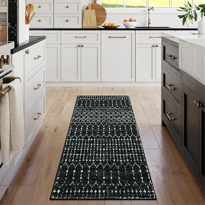 Lahome Moroccan Black Area Rug - Non-Slip Low-Pile Washable Entryway Rug Kitchen Bath Mat 2'x4' Geometric Print Carpet for Hallway Bedroom