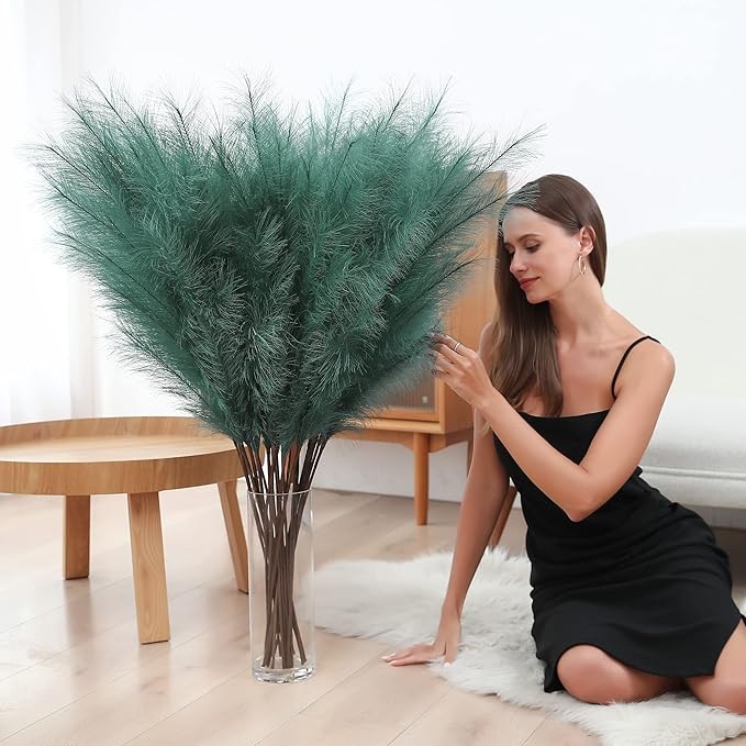 8 Pcs 45 inch Tall Faux Pampas Grass Decor, Large Artificial Green Pompous Grass Bulk, Long Fake Pompas for Floor Vase Filler, Wedding, Baby Shower, Home and Boho Decor (Green)