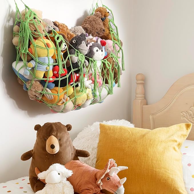 Stuffed Animal Net or Hammock -Wall Mounted-Handmade Macrame Toy Hammock Organizer Stuffed Animal Display Plush Toys Holder Boho Decor for Nursery Playroom-Green