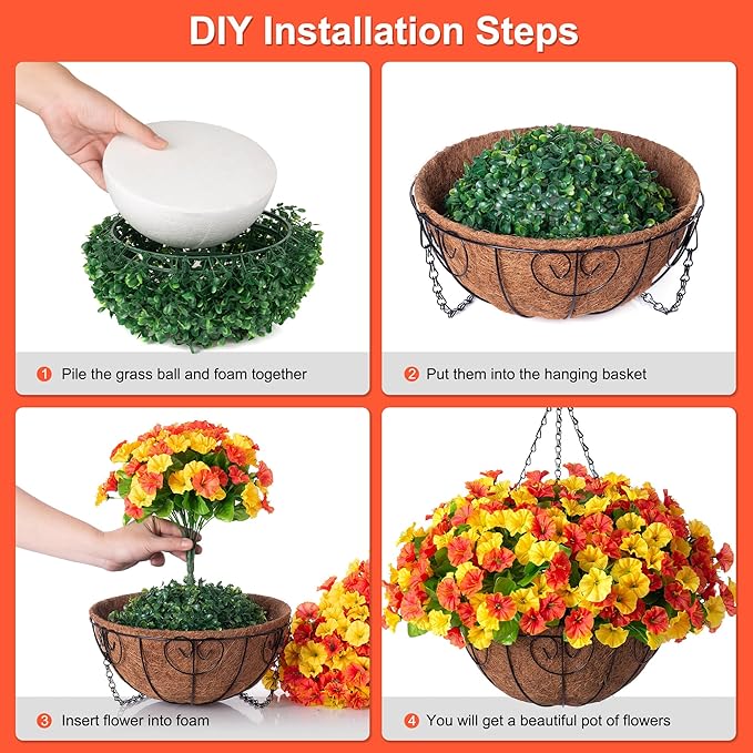 Artificial Hanging Flowers with Basket, Faux Silk Petunias Flower Arrangement, Coconut Lining with Morning Glories Fake Plants Patio Garden Porch Deck Spring Summer Decor(Orange Yellow)