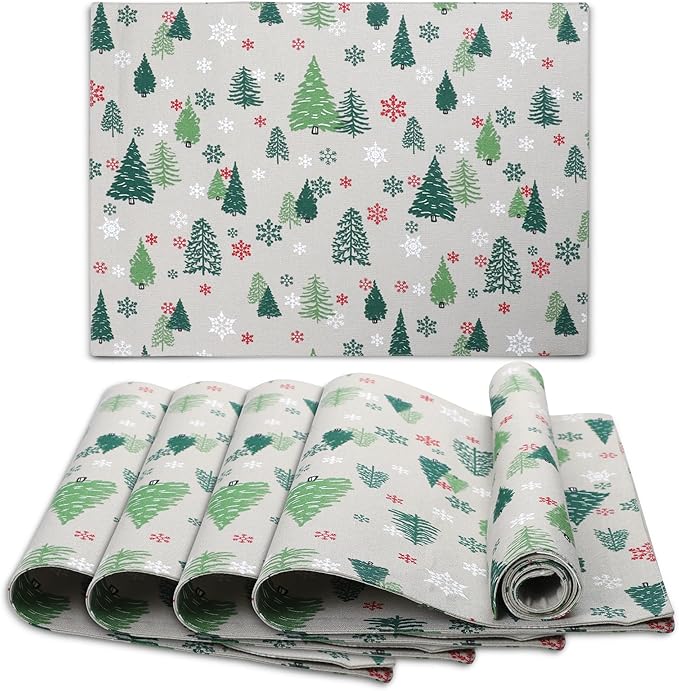 Urban Villa Christmas Placemats Green Tree 100% Cotton Fused Tablemats for Dining 14''x20'' Over Sized Set of 6 Placemats for Christmas Celebrations Wedding Parties Every Day Use Heavier Quality