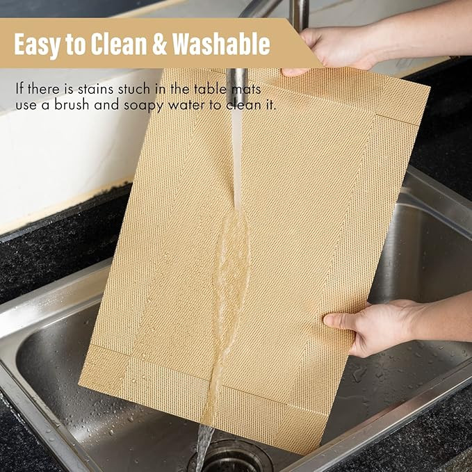 Winknowl Placemats, Set of 8 Heat Resistant Stain Resistant Woven Vinyl Insulation Place mats, Durable Washable Elegant Table Mats for Dining (Golden)