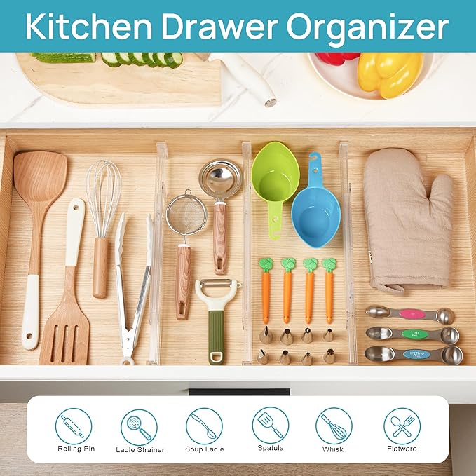 Vtopmart 8 Pack Shallow Drawer Dividers, 2.3" High 12.6"-21.2" Adjustable Expandable Kitchen Drawer Organizer, Clear Plastic Organizer Separators for Flatware, Utensil, Cutlery, Underwear, Clothes