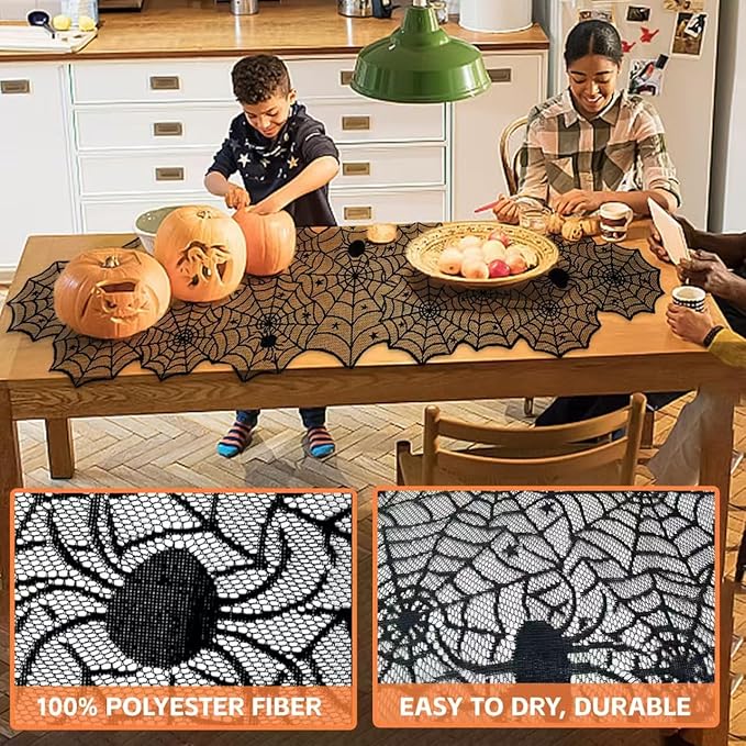 Indoor/Outdoor Halloween Decor Set - Mantel Scarf, Spider Table Runner, 3D Bats & Spiders, Happy Halloween Banner