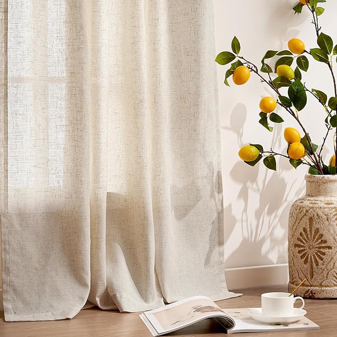 jinchan Floor to Ceiling Linen Blend Curtains 108 inch Extra Long 2 Panels for Bedroom Living Room, Light Filtering 38 inch Wide Farmhouse Drapes with Rod Pocket Back Tab(38W x 108L, Ecru)
