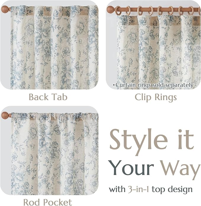 jinchan Linen Floral Curtains Extra Wide for Patio Sliding Glass Door Room Divider Curtain for Living Room 96 Inch Length Farmhouse Peony Blue Printed Curtain Set 1 Panel