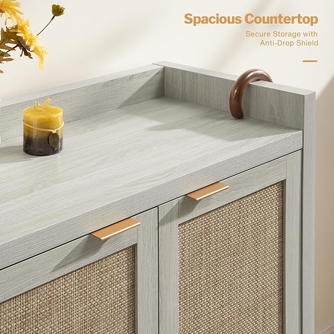 SICOTAS Shoe Cabinet Set of 3, Large Capacity Shoe Storage Organizer Cabinet, Tall Rattan Shoe Cabinet with Doors and Shelves, 6-Tier Farmhouse Wooden Storage Cabinet for Entryway, Whitish-Gray Oak