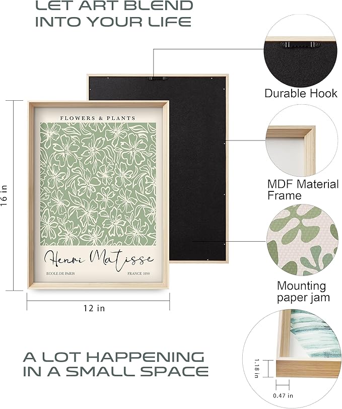 HesenDot Framed Matisse Sage Green Wall Art,William Morris Canvas Wall Decor,16x12IN High Framed Wood Design Prints,Minimalist Classic Decor Aesthetic for Living Room,Bedroom,Bathroom Set of 3