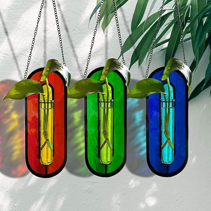 LITMIND Transparent Green Stained Glass Propagation Station - Handcrafted Suncatcher Hanging Planter with 2 Glass Tubes, Multi-Color Hydroponic Wall Décor for Windows, Home & Garden