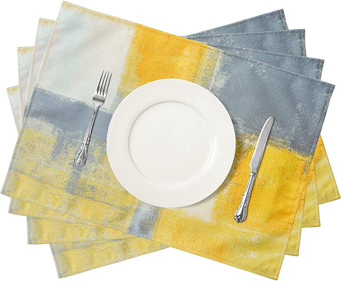 Yellow and Grey Abstract Art Placemats, Modern Art Placemats, Set of 4 Heat Resistant Non-Slip Artwork Dining Placemats, Washable Place Mats for Home Kitchen (Yellow and Grey, 18"X12")