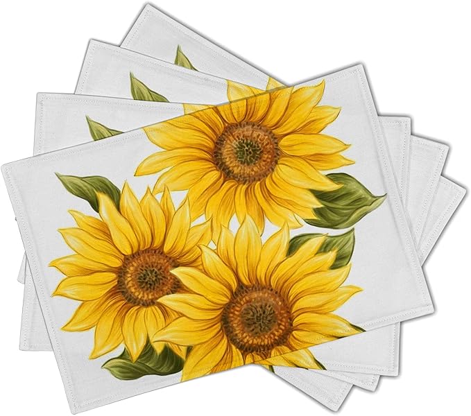 Sunflower Placemats Set of 4 Watercolor Sunflower Washable Non-Slip Heat Resistant 12×18 Inch Summer Florl Thick Place Mats Decorative Linen Fabric Table Mat for Dining Table