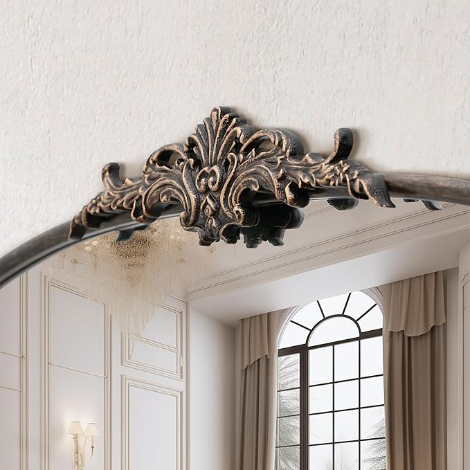 Antique Baroque Arched Mirror: 24"x42" Black Vintage Wall Mounted Mirror - Traditional Ornate Metal Frame - Ideal for Entryway/Living Room/Hallway/Bathroom