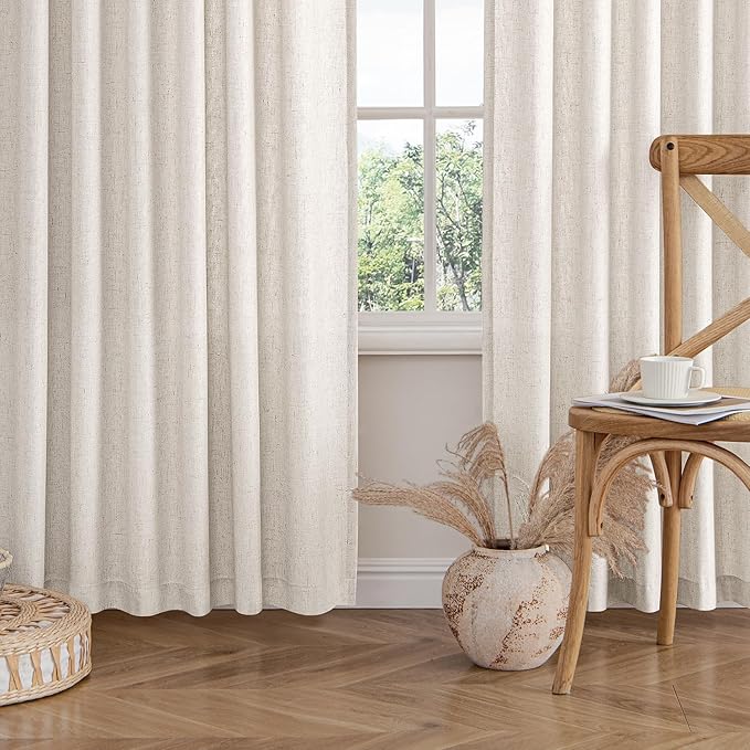 MIULEE Non-See-Through Privacy Linen Curtains 2 Panels, Light Filtering Window Curtains Farnhouse Textured Back Tab Semi Sheer Drapes for Bedroom Living Room, 52 x 63 Inches Long, White