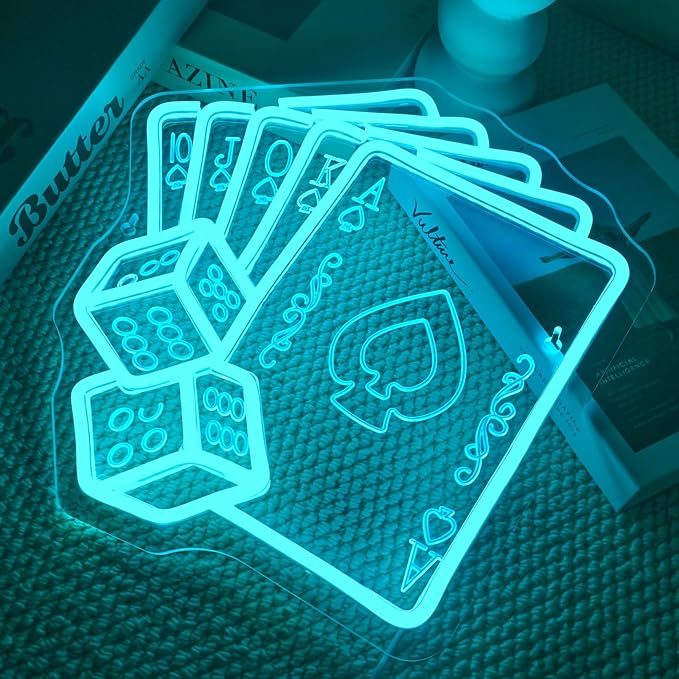 Gamerneon Blue Poker Neon Signs Dice Neon Signs Wall Decor Straight Flush Led Light for Bedrooms Bar Clubs Casinos Hotels Game Room Man Cave Party Decorations